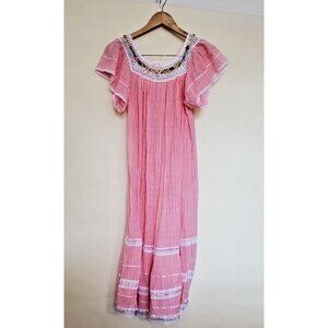 Maxi Dress Cottage Core Unique Festival Tiered Embroidery Lace Peach Color